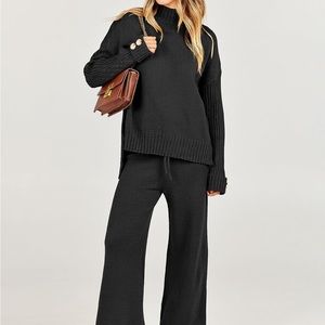 Anrabess Two Piece Black Knit Sweater Lounge Pants Cozy Set Wide Leg Mock XL NWT